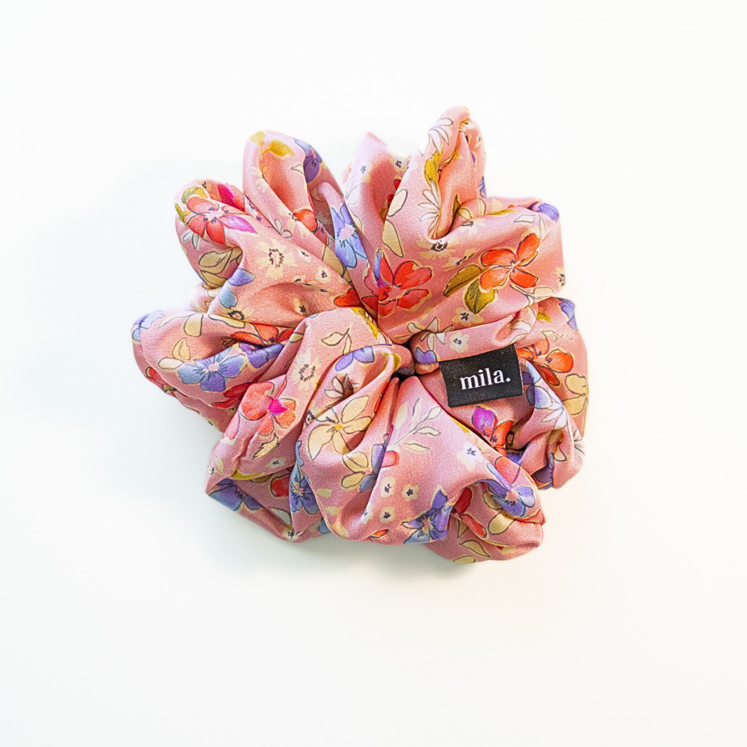 Floral Pink Satin Scrunchie